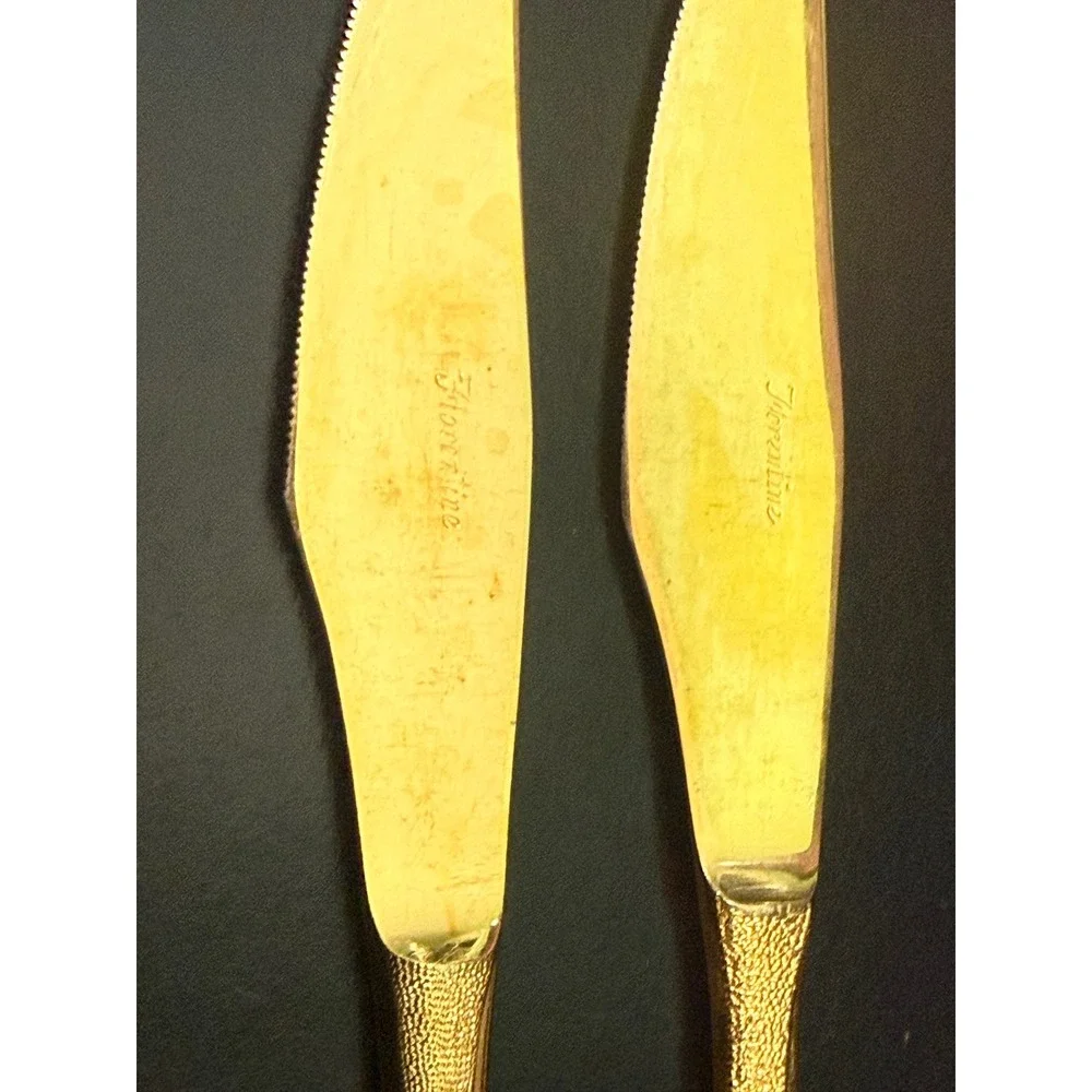 Vintage Florentine Gold Tone Dinner Knives Textured Bark Handle Set of 2